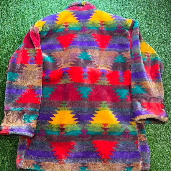 1980s Donnybrook Coat, Southwest Print Coat, Faux Fur Coat Vintage Ice Teddy XL - Picture 5 of 5